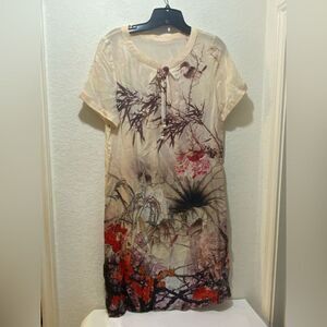 StyleWe Womens L Tropical Floral Silk Midi‎ Hi Low Short Sleeve Tunic Dress